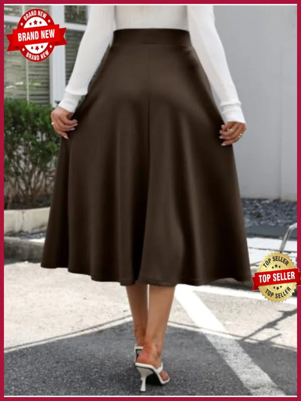 A-Line Elastic High Waist Midi Skirt with Pockets, Wrinkle Free Long Skirt,